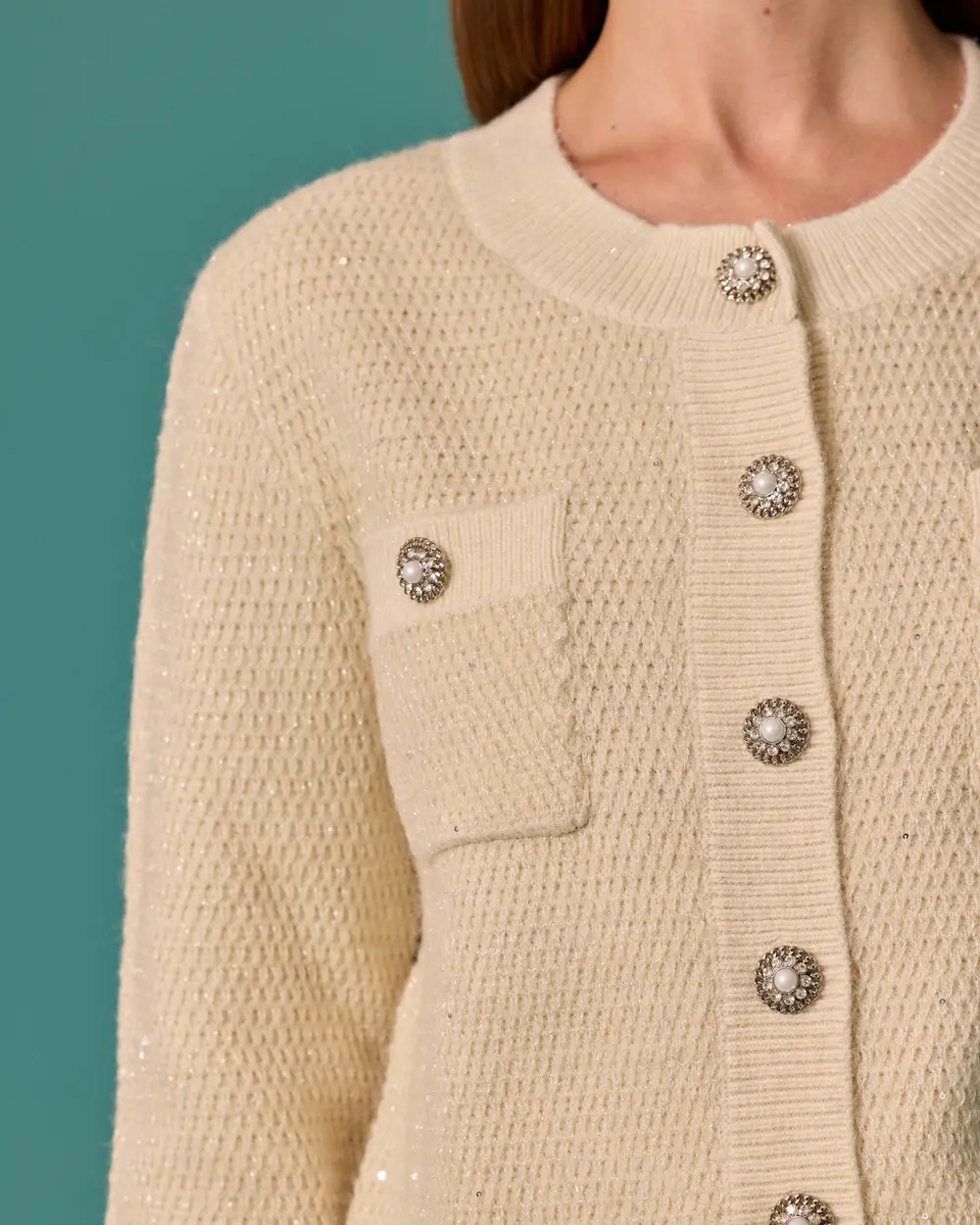 Knit Cardigan with Stone-Button Details and Pockets