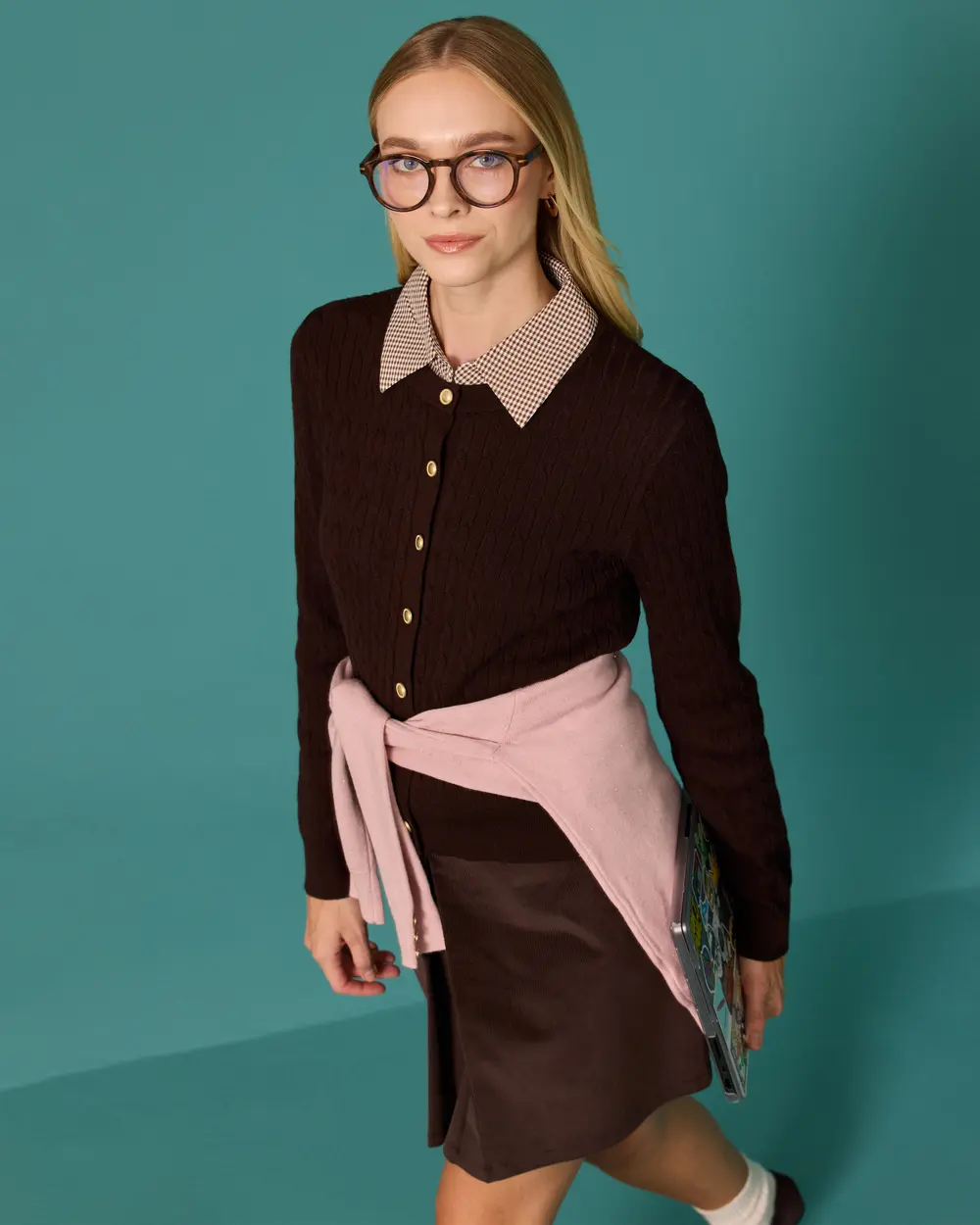 Shirt-Collar Two-Fabric Knit Sweater
