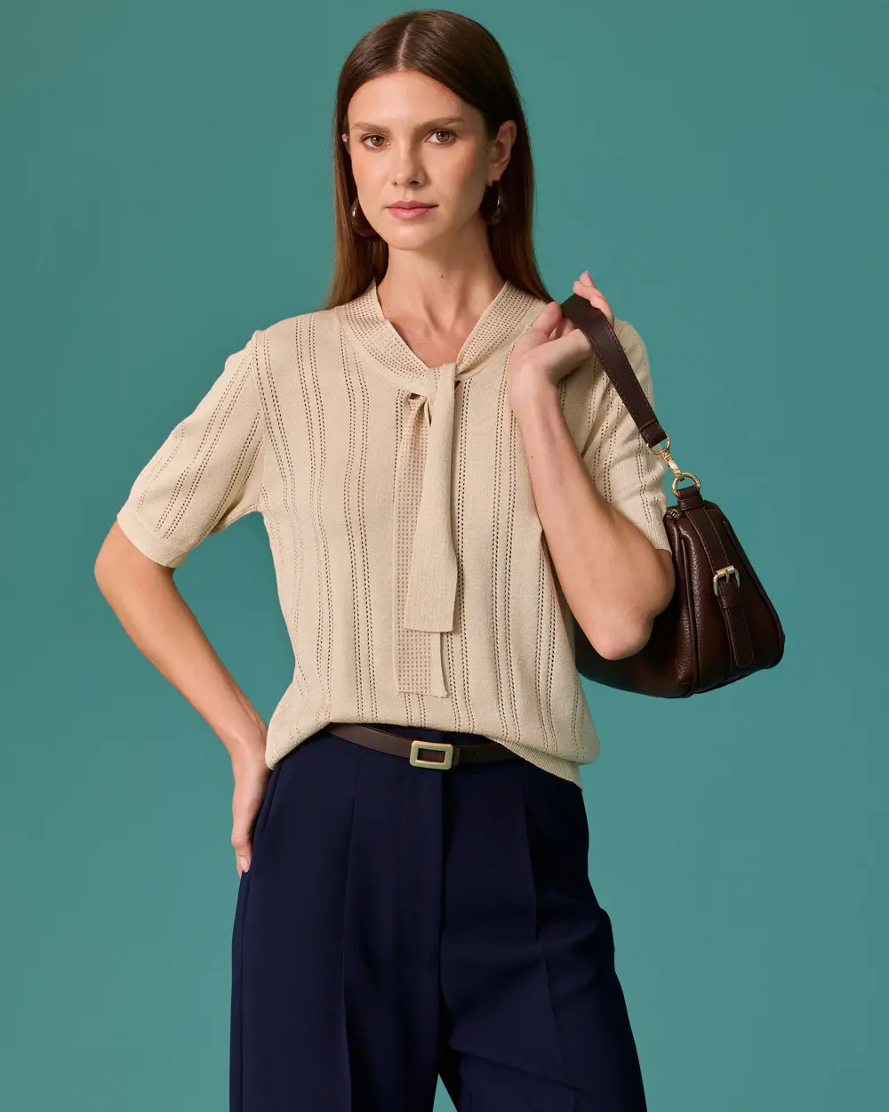 Short-Sleeved Sweater with Sequin Collar Detail