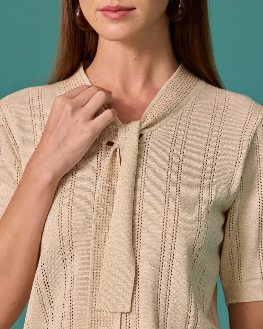 Short-Sleeved Sweater with Sequin Collar Detail