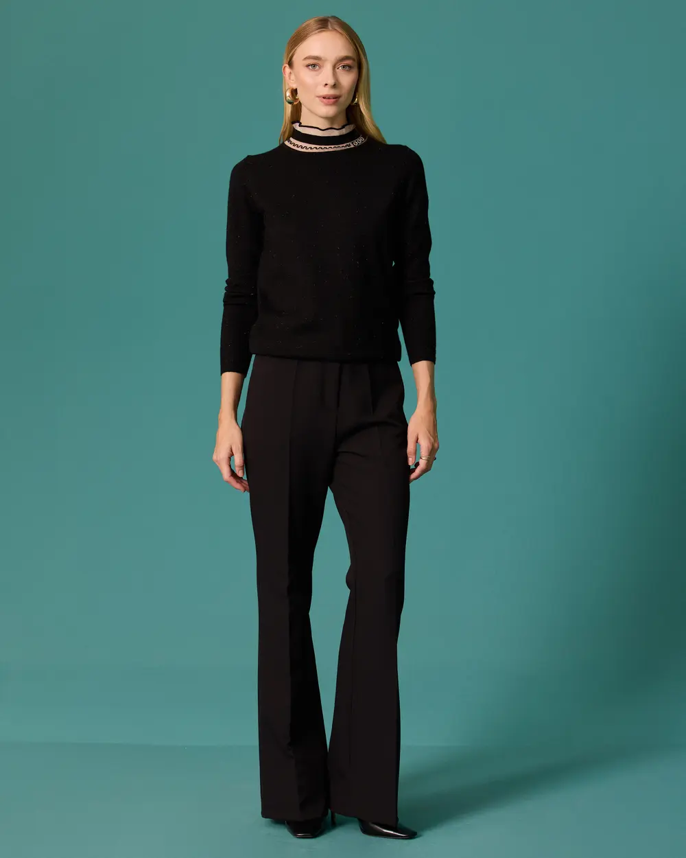 Stand-Up Collar Sweater with Ruffled Details