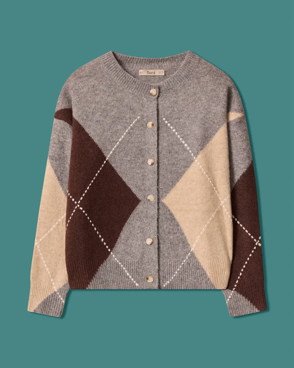 Baklava-Patterned Crew-Neck Knit Cardigan