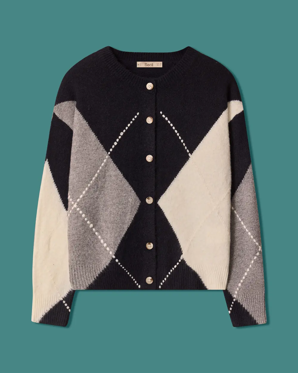 Baklava-Patterned Crew-Neck Knit Cardigan