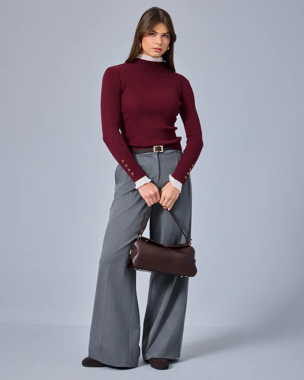 Button-Up Knit Blouse with Ruffled Details
