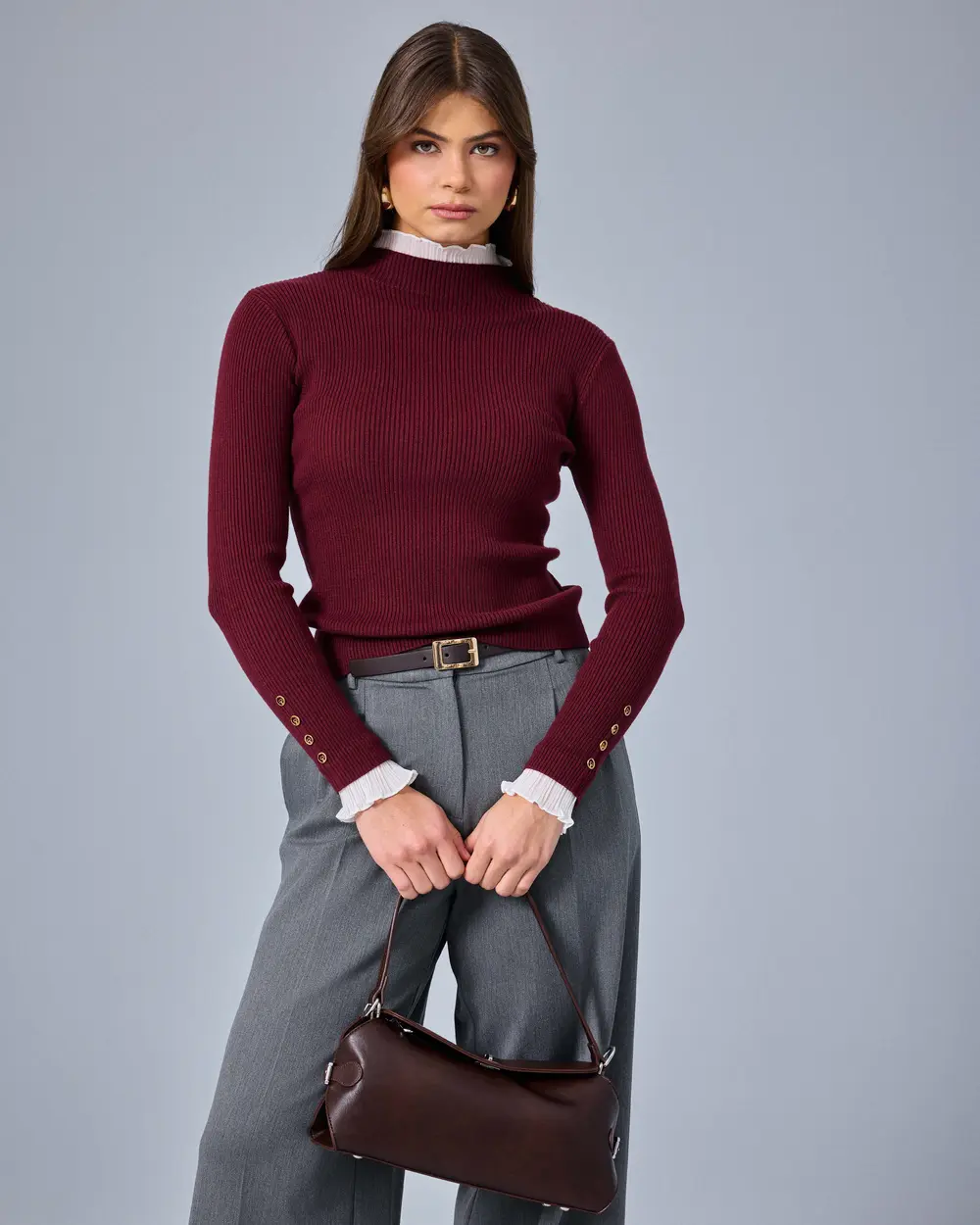 Button-Up Knit Blouse with Ruffled Details