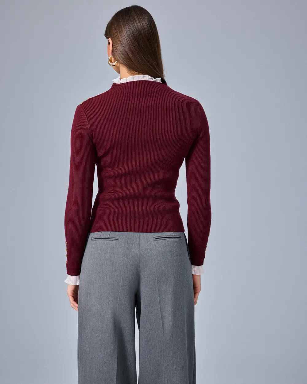 Button-Up Knit Blouse with Ruffled Details