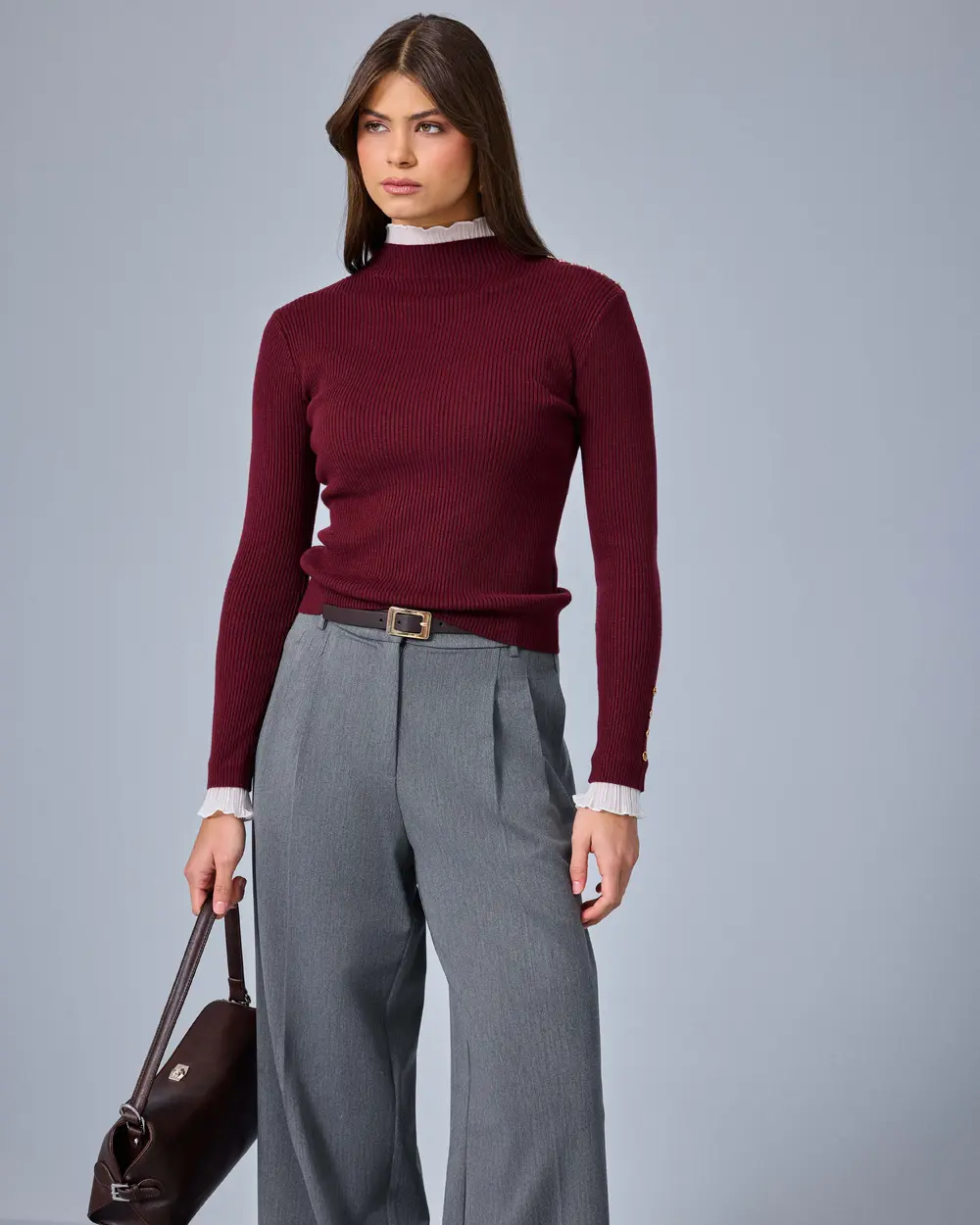 Button-Up Knit Blouse with Ruffled Details