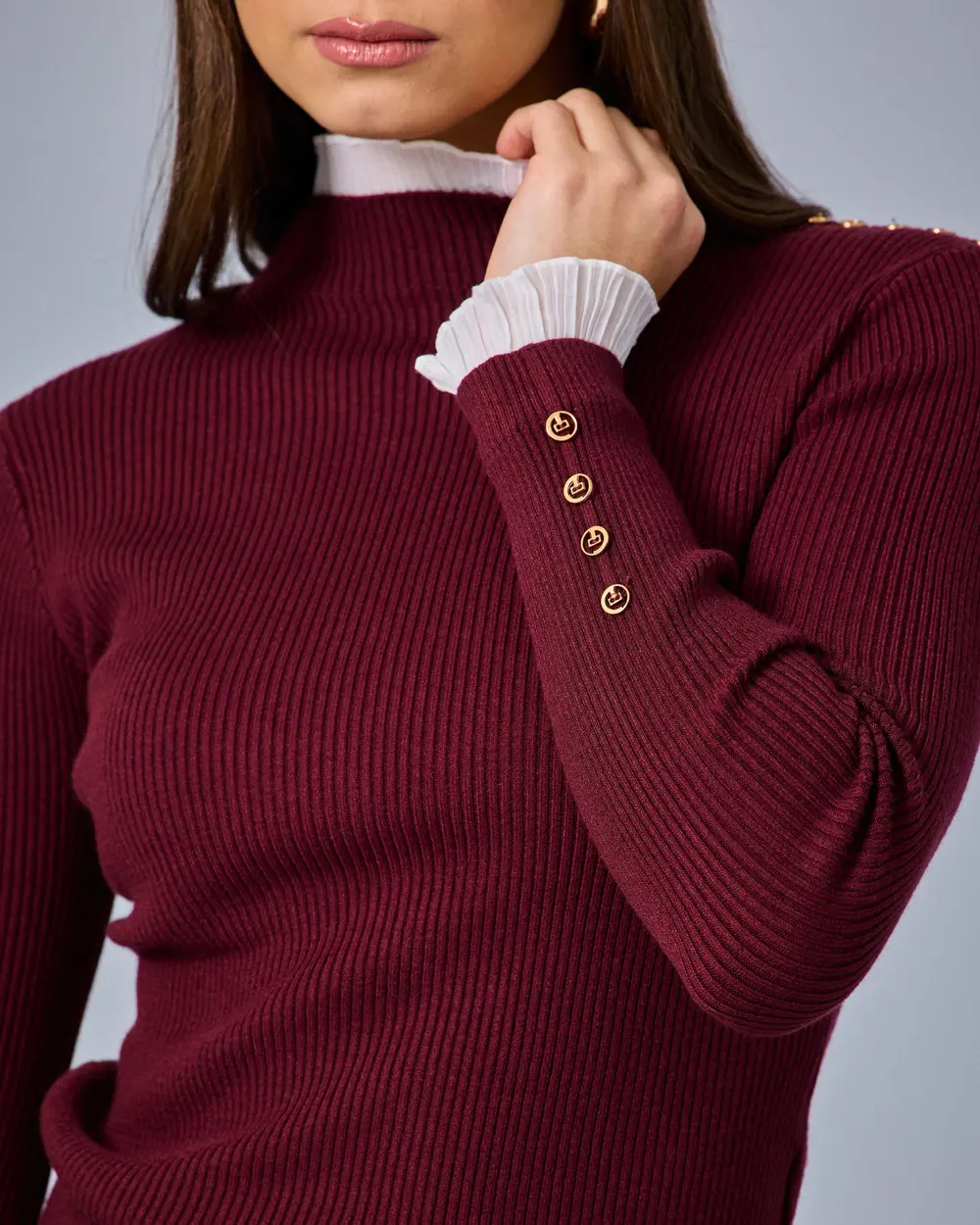 Button-Up Knit Blouse with Ruffled Details