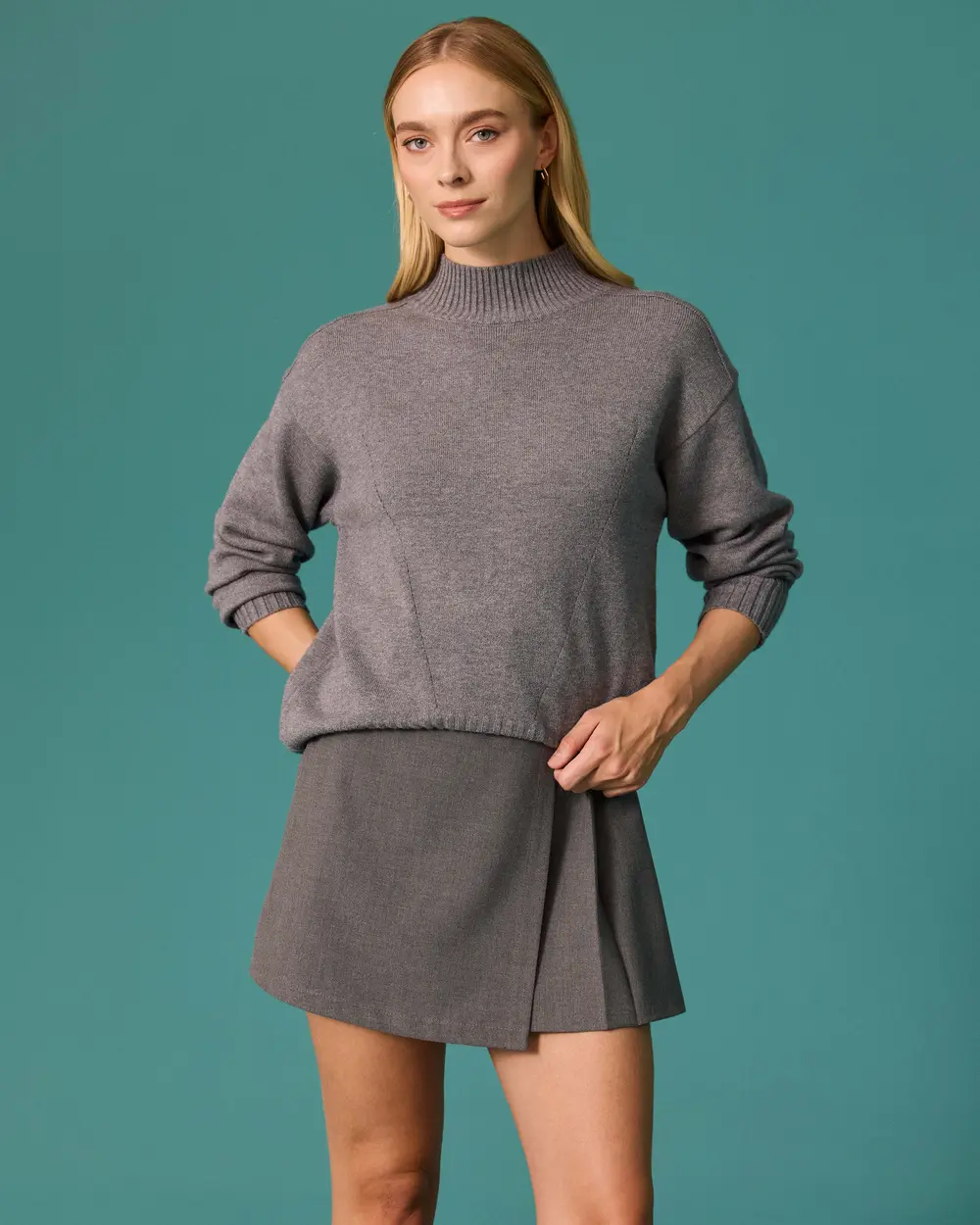 Oversized Knit Sweater with a Stand-Up Collar