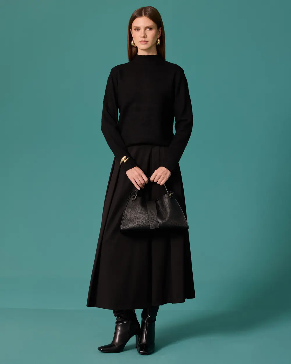 Patterned Knit Sweater with a Stand-Up Collar
