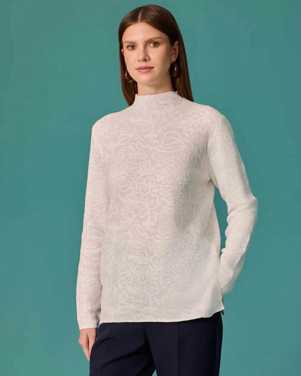 Patterned Knit Sweater with a Stand-Up Collar