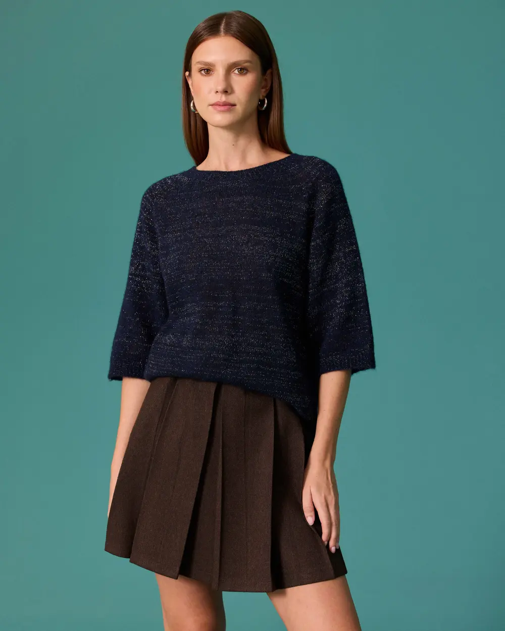 Round-Neck Short-Sleeve Knit Sweater