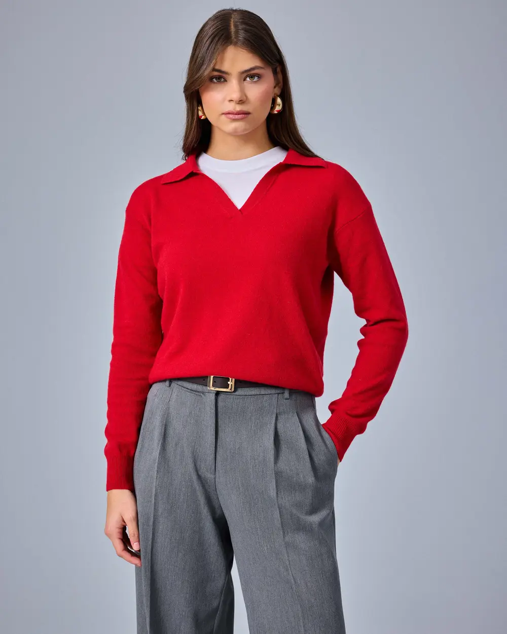 Polo-Neck Cashmere-Wool Blend Knit Sweater
