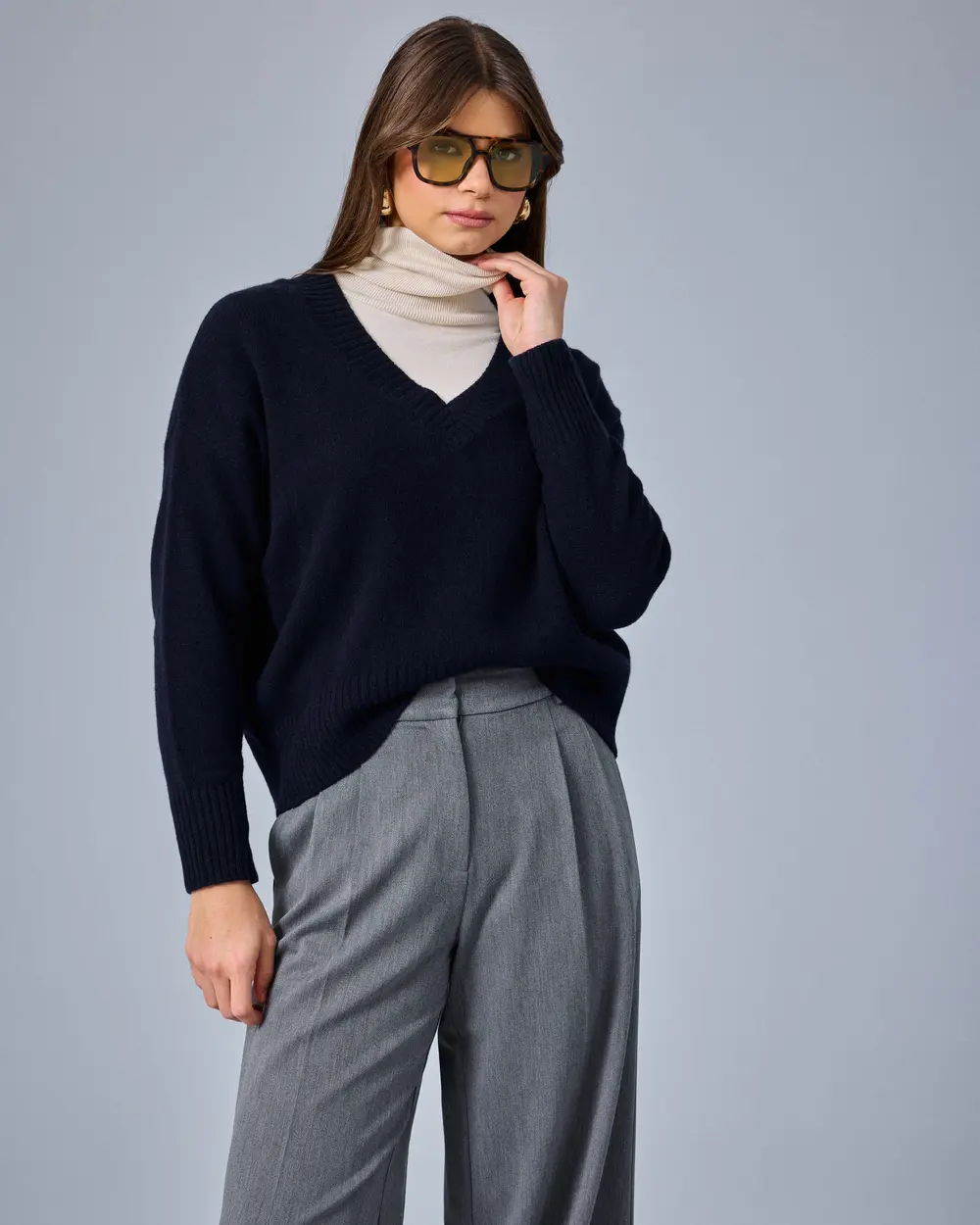 V-Neck Cashmere-Wool Blend Knit Sweater