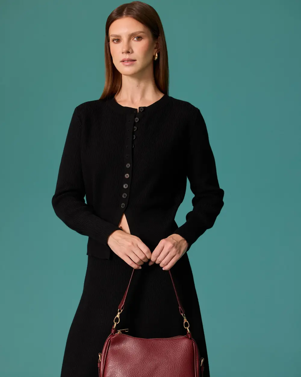 Button-Detail Cardigan and Maxi Skirt Knit Set