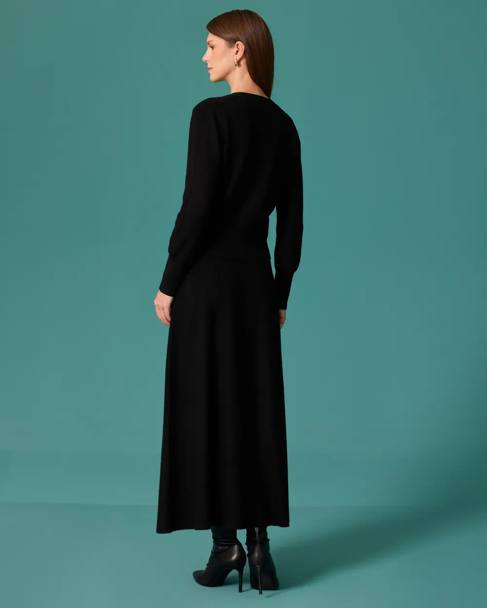 Button-Detail Cardigan and Maxi Skirt Knit Set