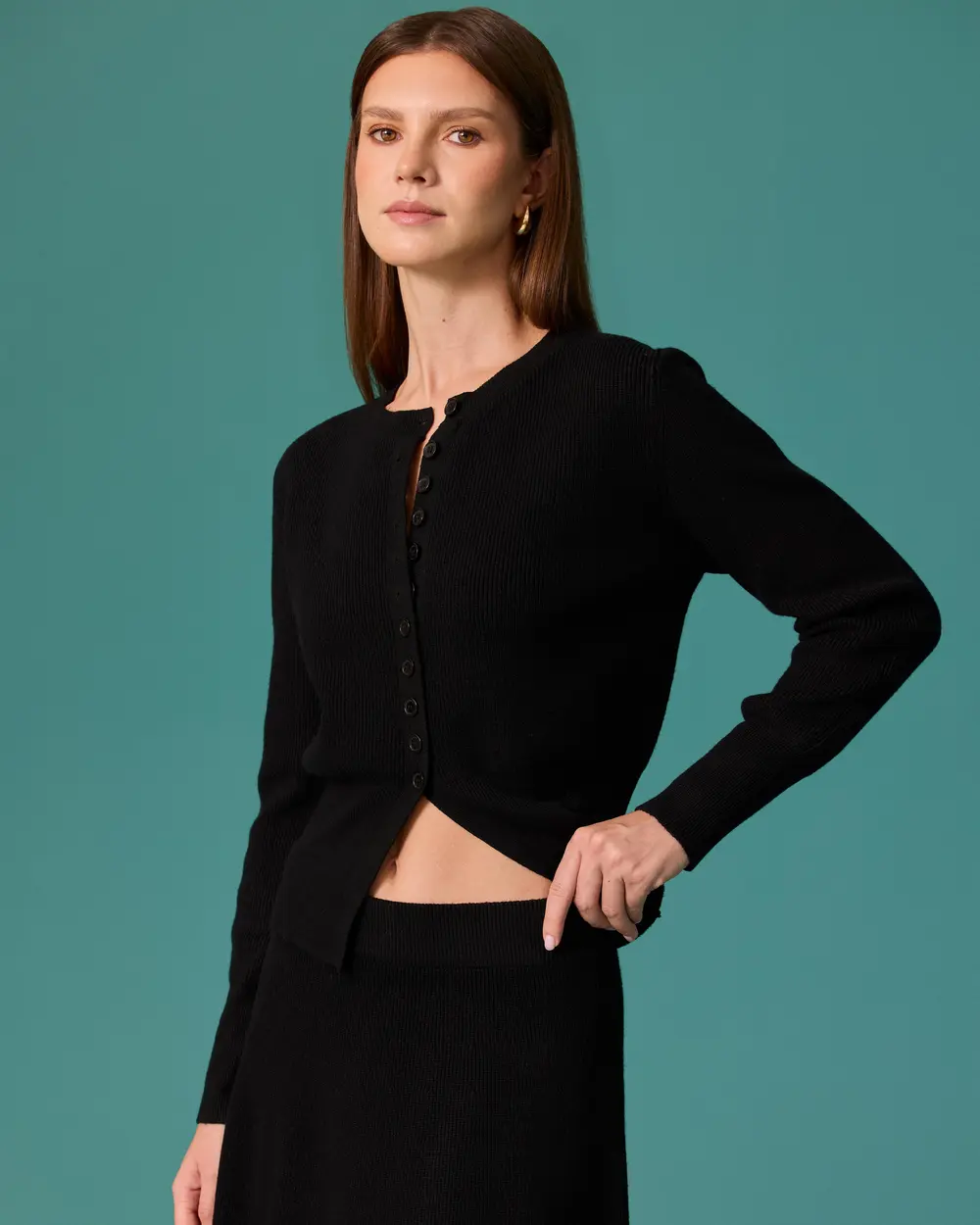 Button-Detail Cardigan and Maxi Skirt Knit Set