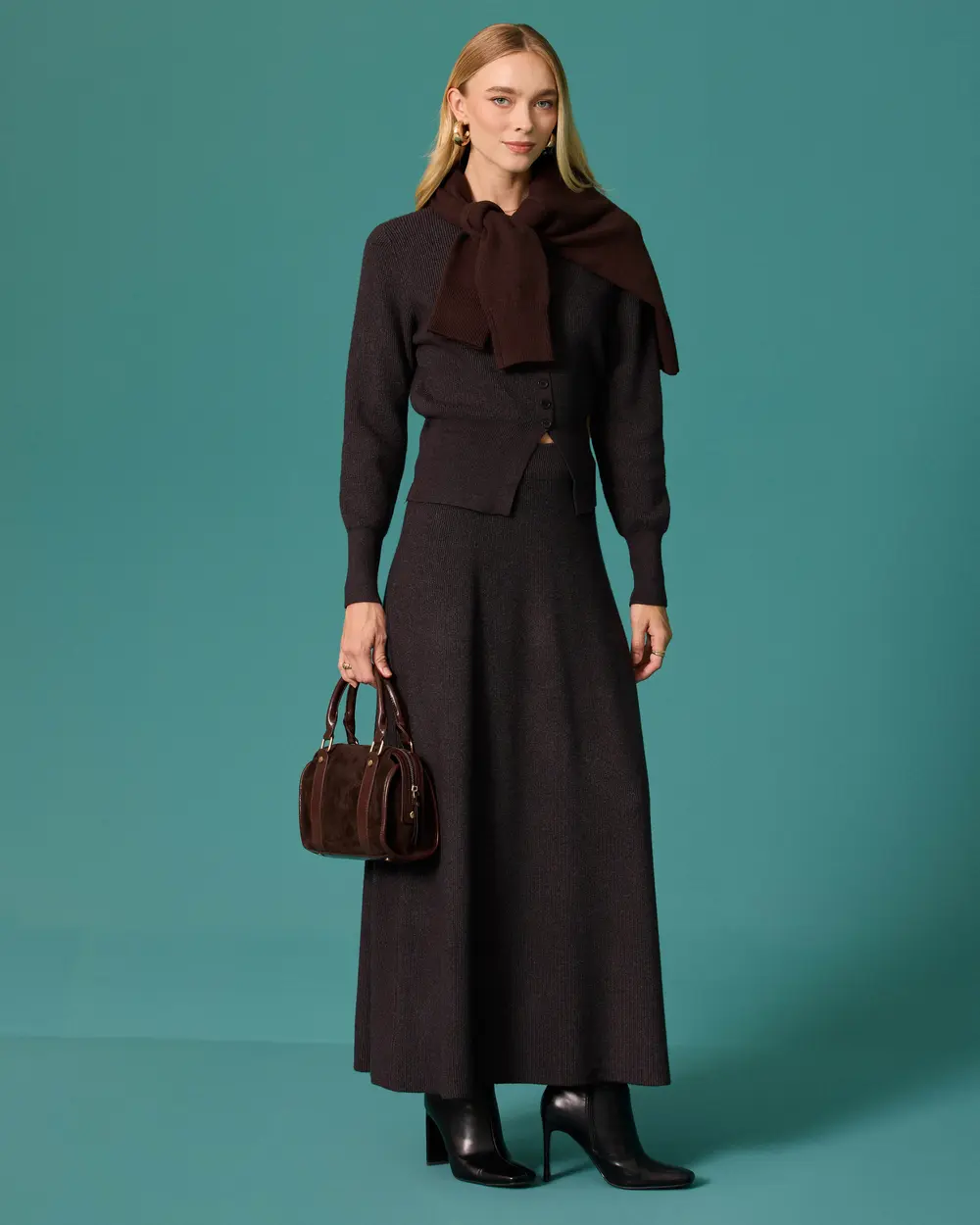 Button-Detail Cardigan and Maxi Skirt Knit Set