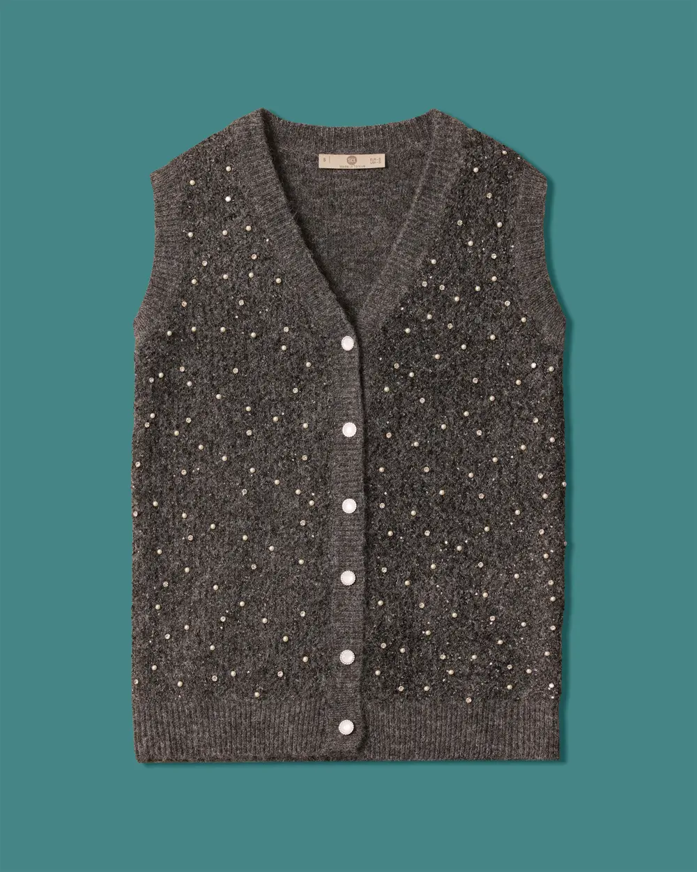 Buttoned Knit Vest with Pearl and Sequin Accents