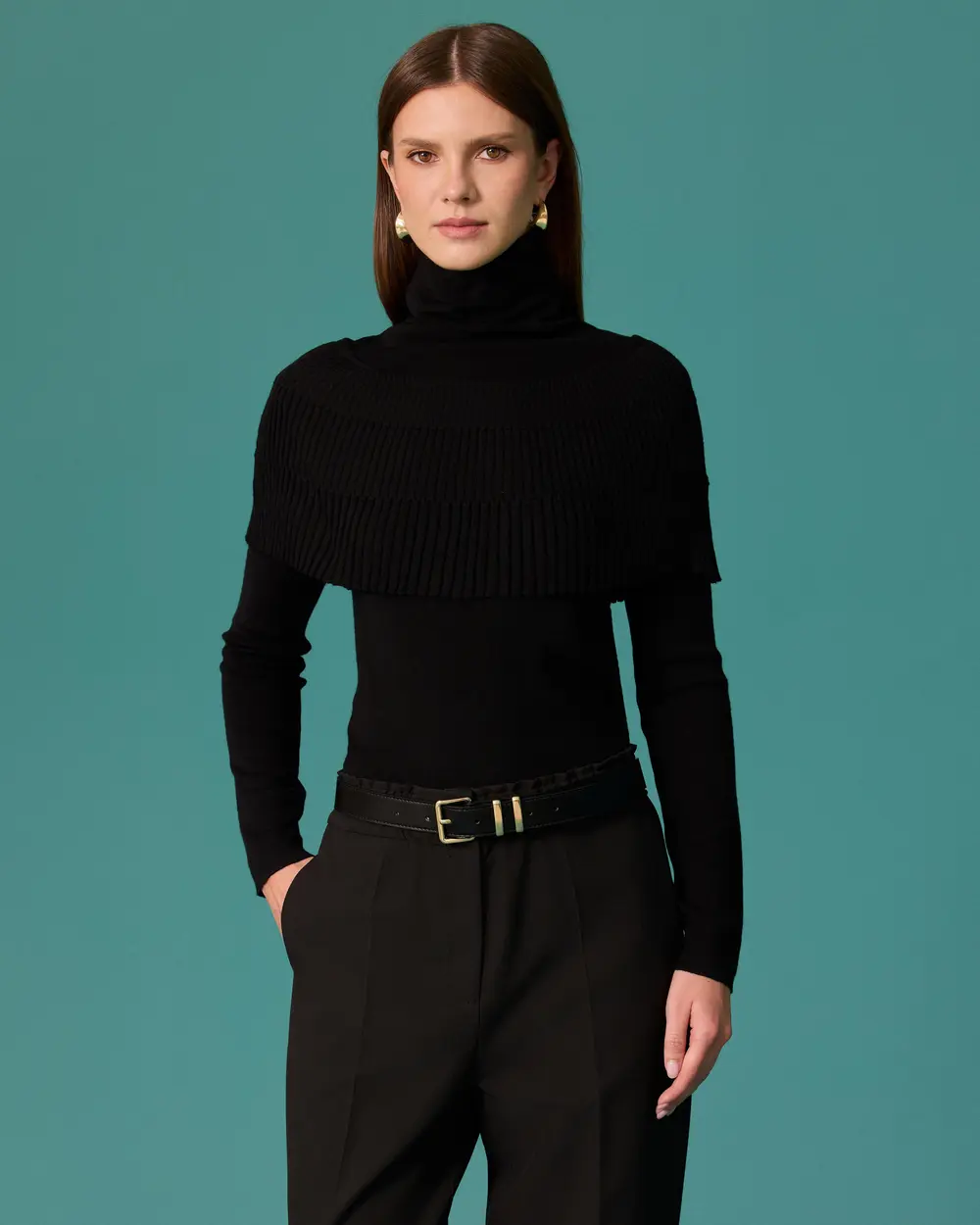 Cape-Style, Detailed Fisherman's Collar Knit Sweater