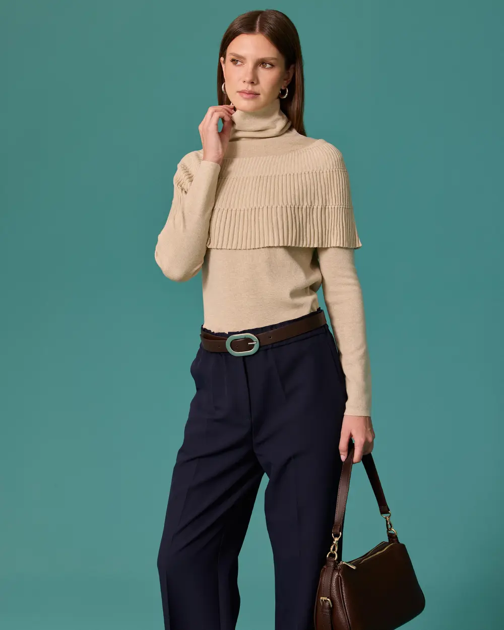 Cape-Style, Detailed Fisherman's Collar Knit Sweater
