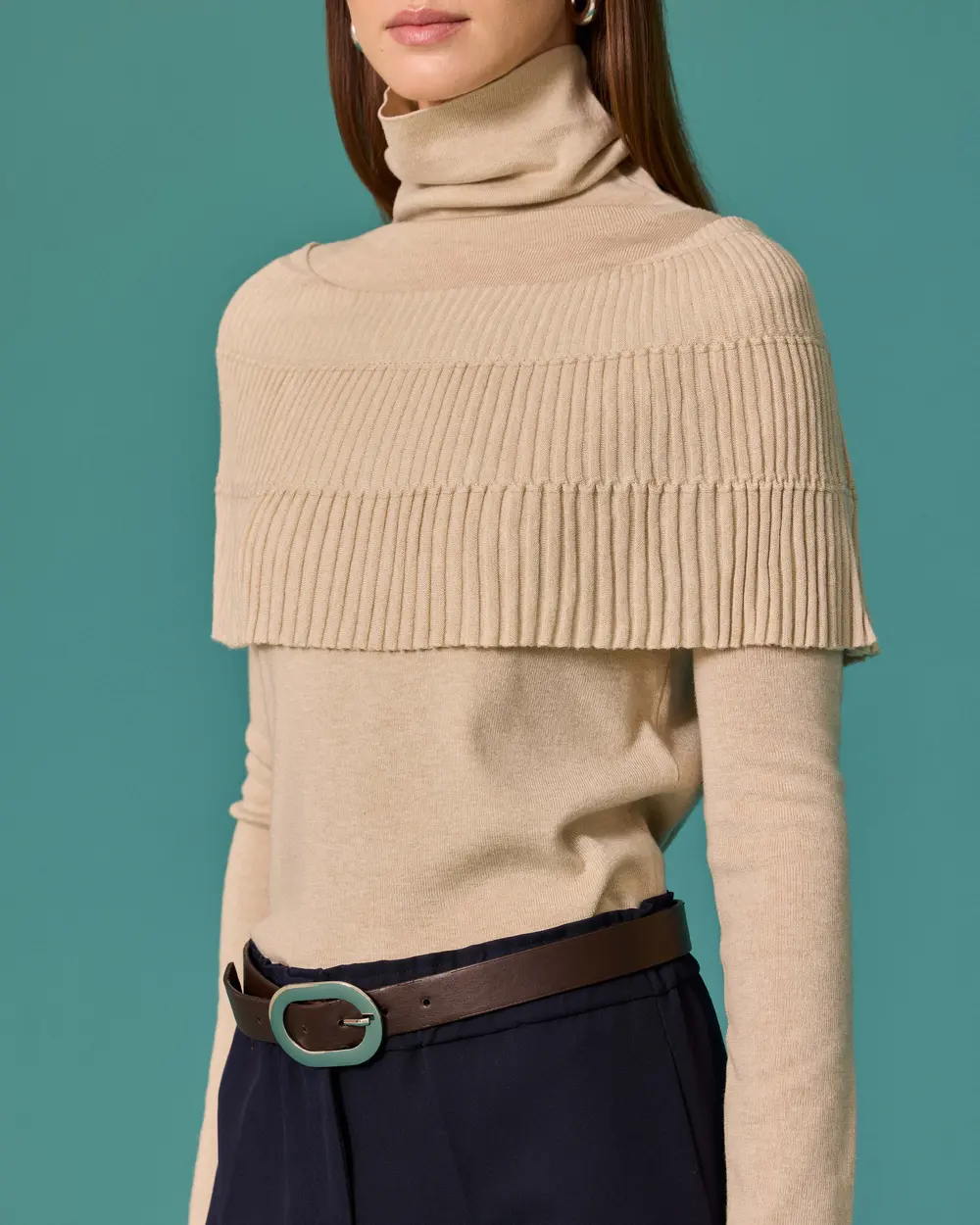 Cape-Style, Detailed Fisherman's Collar Knit Sweater