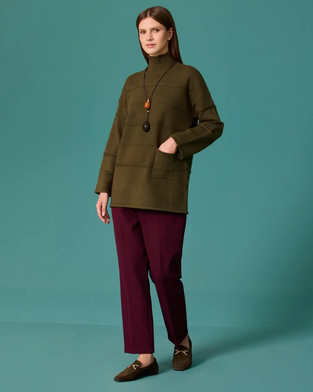 Detailed Fisherman's Collar Knit Tunic with Pockets