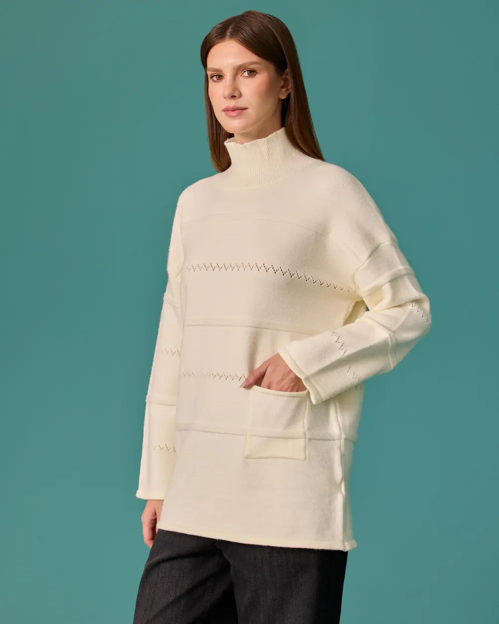 Detailed Fisherman's Collar Knit Tunic with Pockets