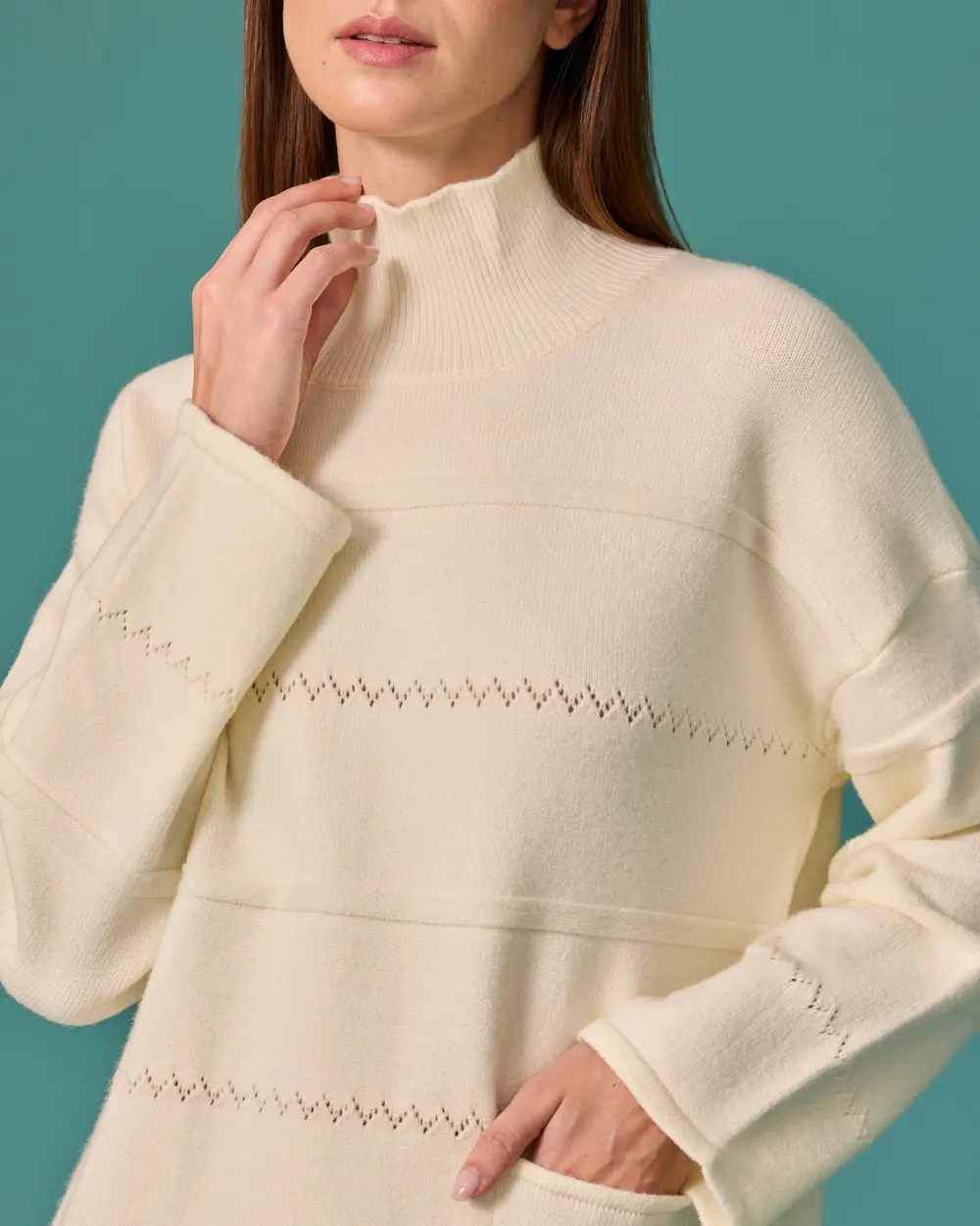 Detailed Fisherman's Collar Knit Tunic with Pockets