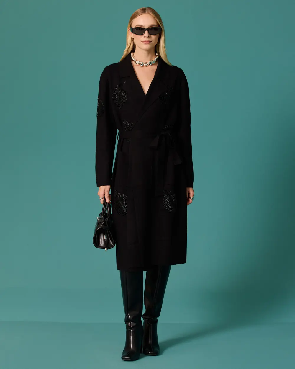 Long-Sleeve Knit Cardigan with Jacket Collar