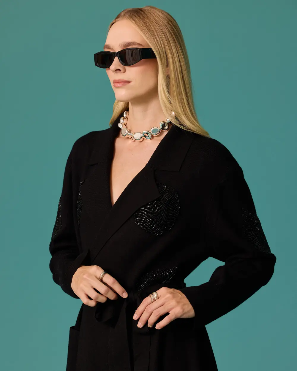 Long-Sleeve Knit Cardigan with Jacket Collar