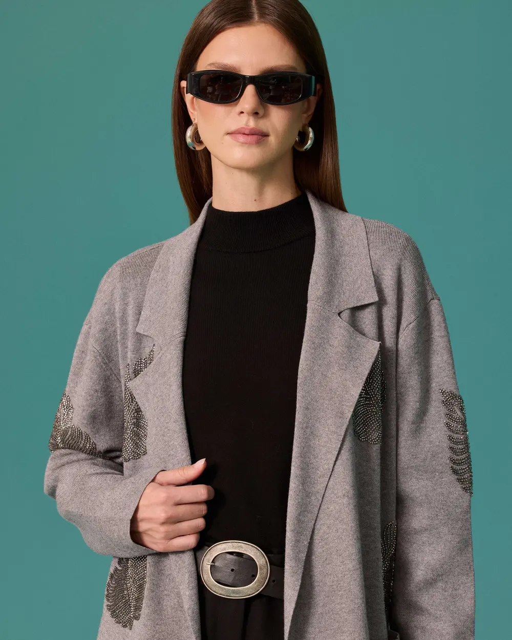 Long-Sleeve Knit Cardigan with Jacket Collar