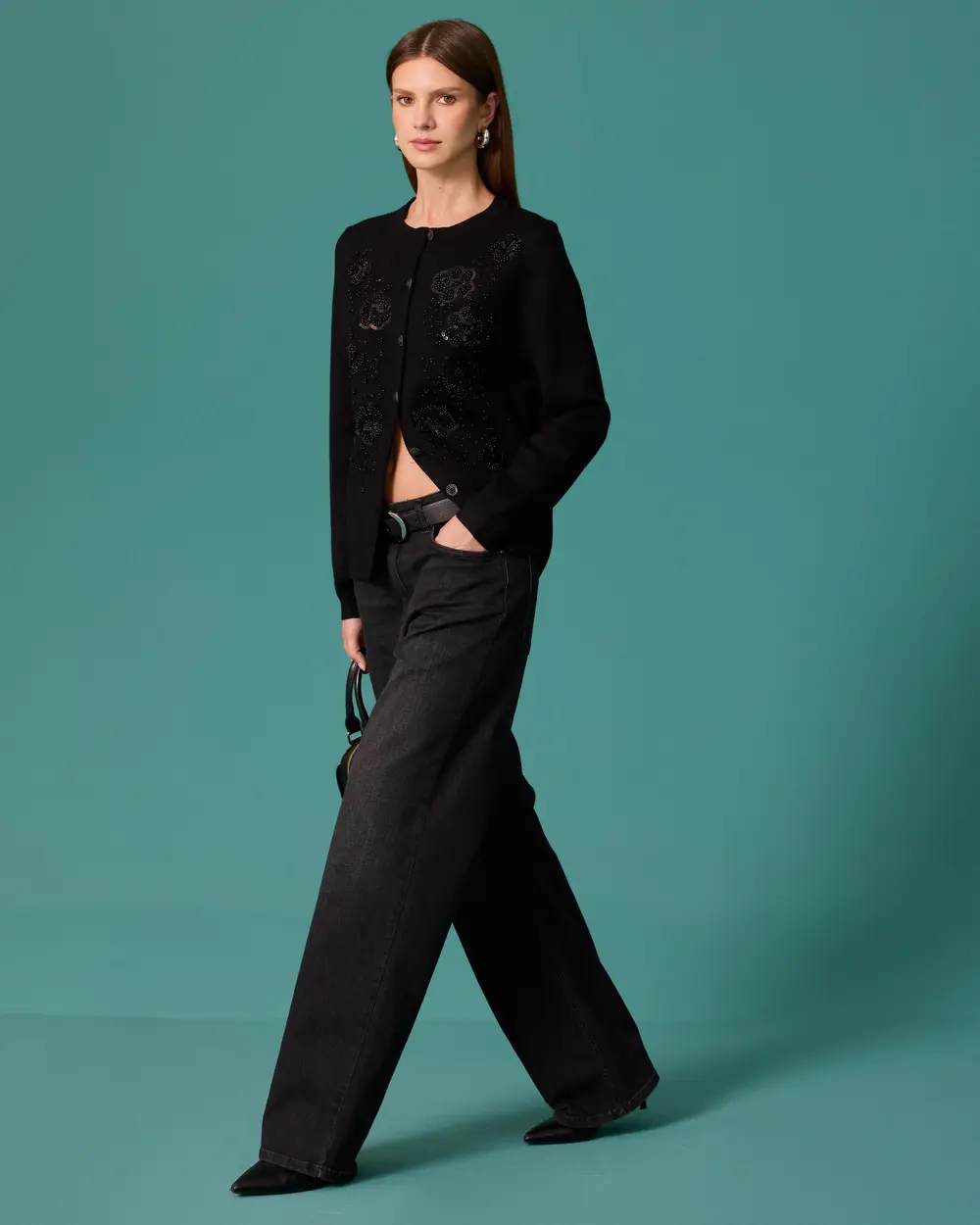 Beaded, Floral-Patterned, Buttoned Knit Cardigan