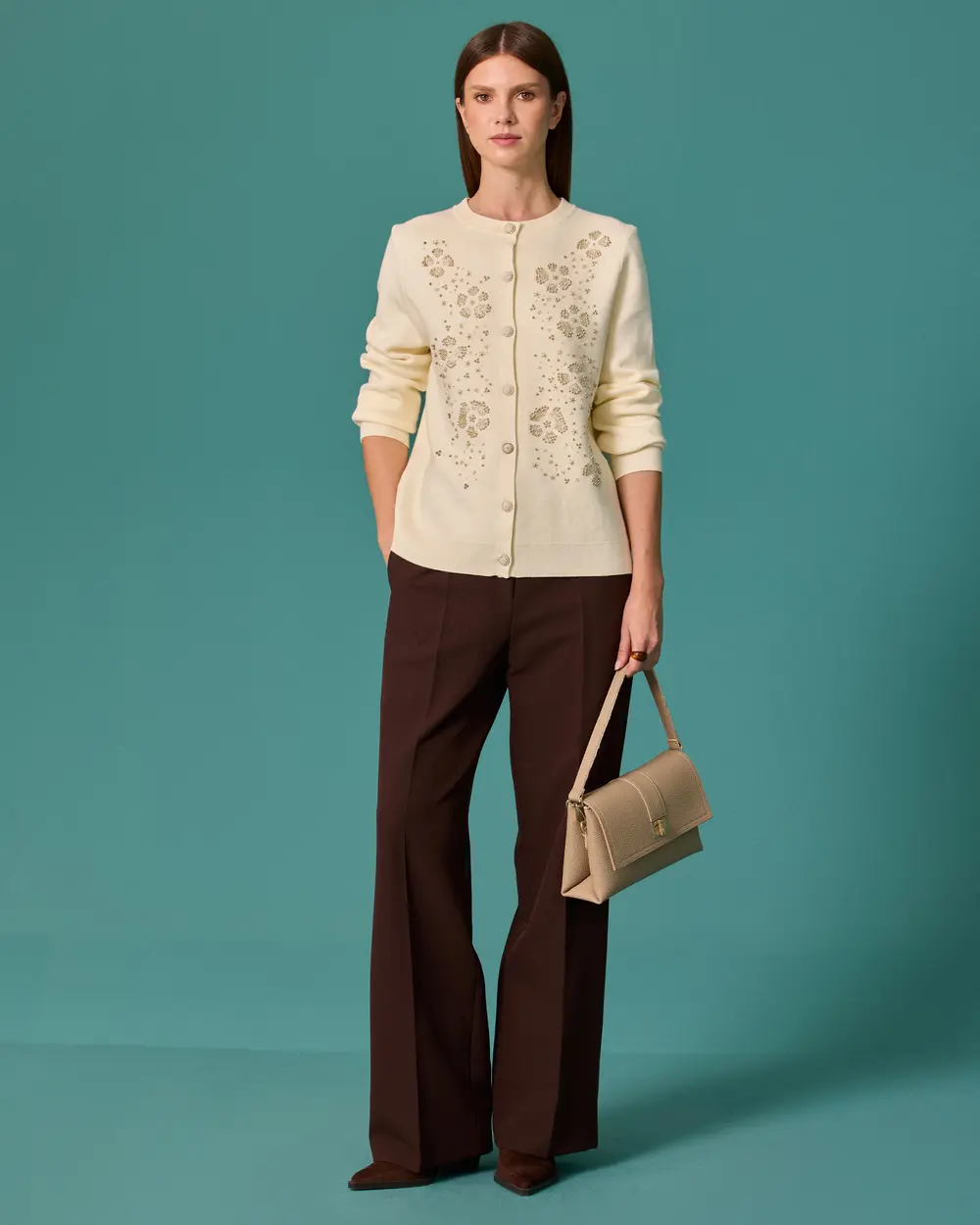 Beaded, Floral-Patterned, Buttoned Knit Cardigan