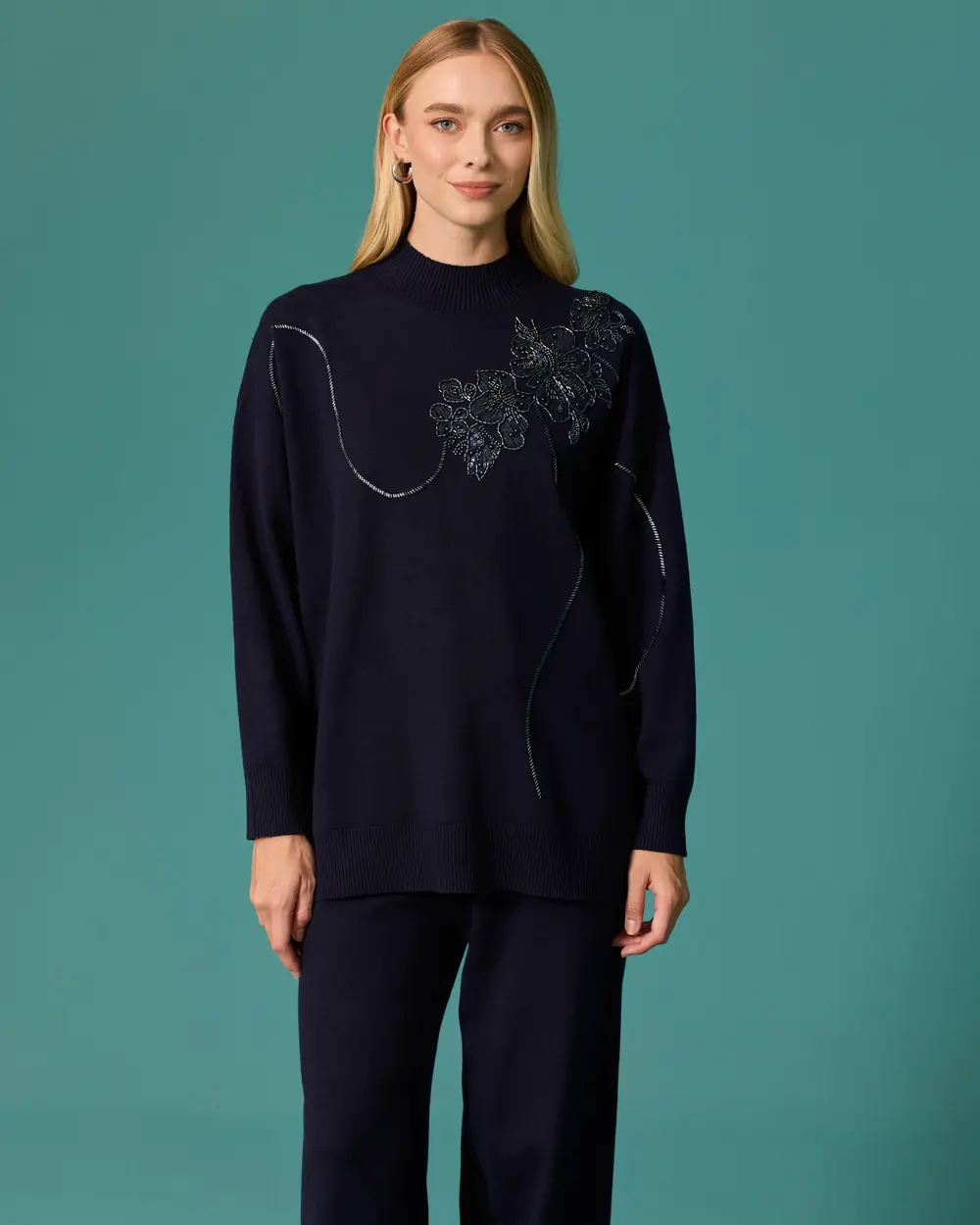 Floral-Embellished Round-Neck Knit Set