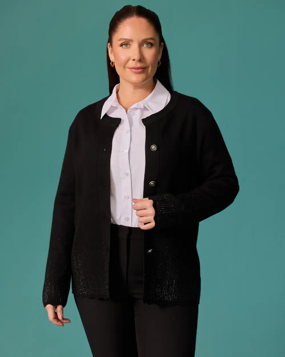 Plus-Size Knit Cardigan with Stone Accents