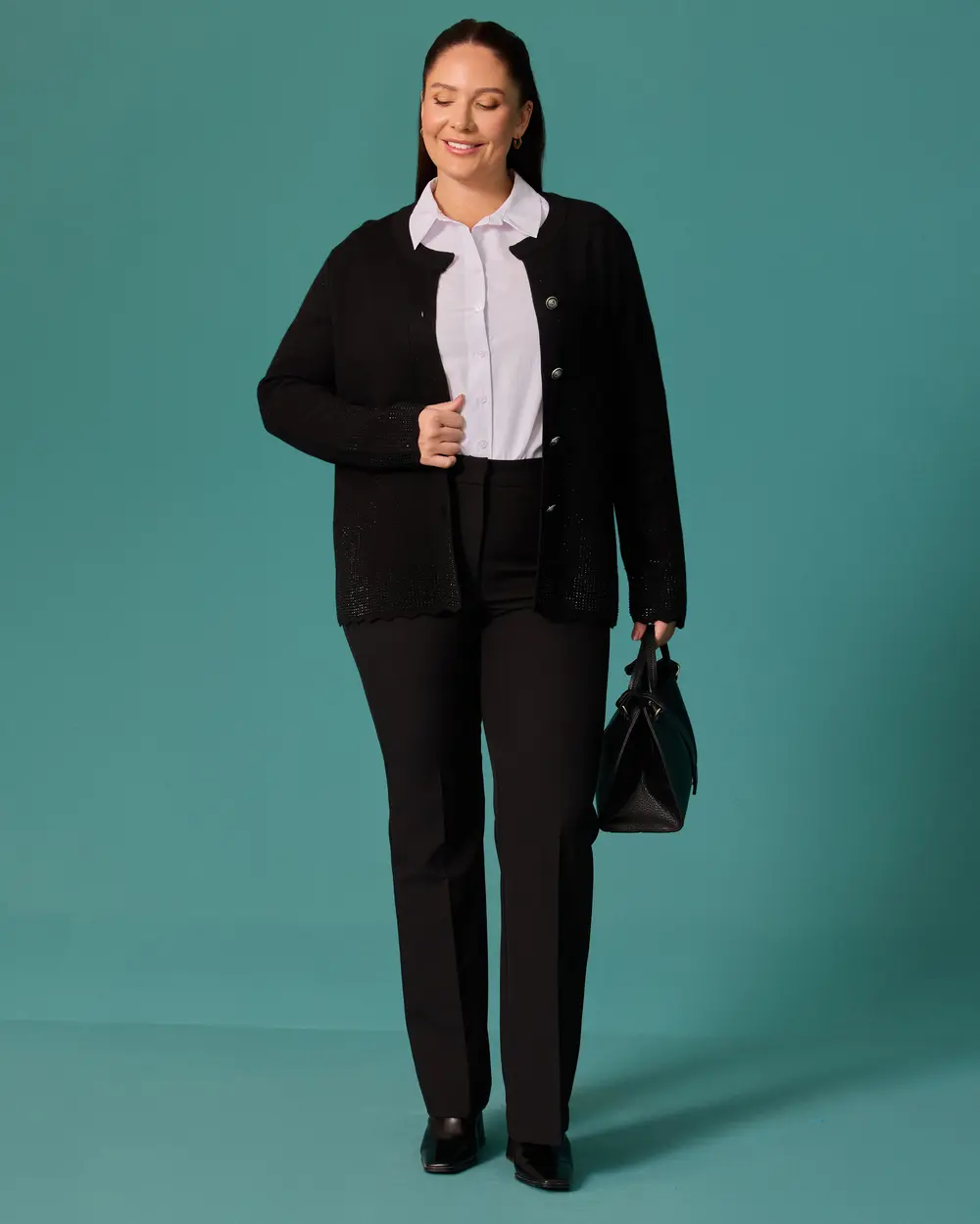Plus-Size Knit Cardigan with Stone Accents