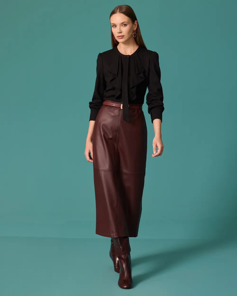 Blouse with a Tie-Neck Collar and Ruffle Details