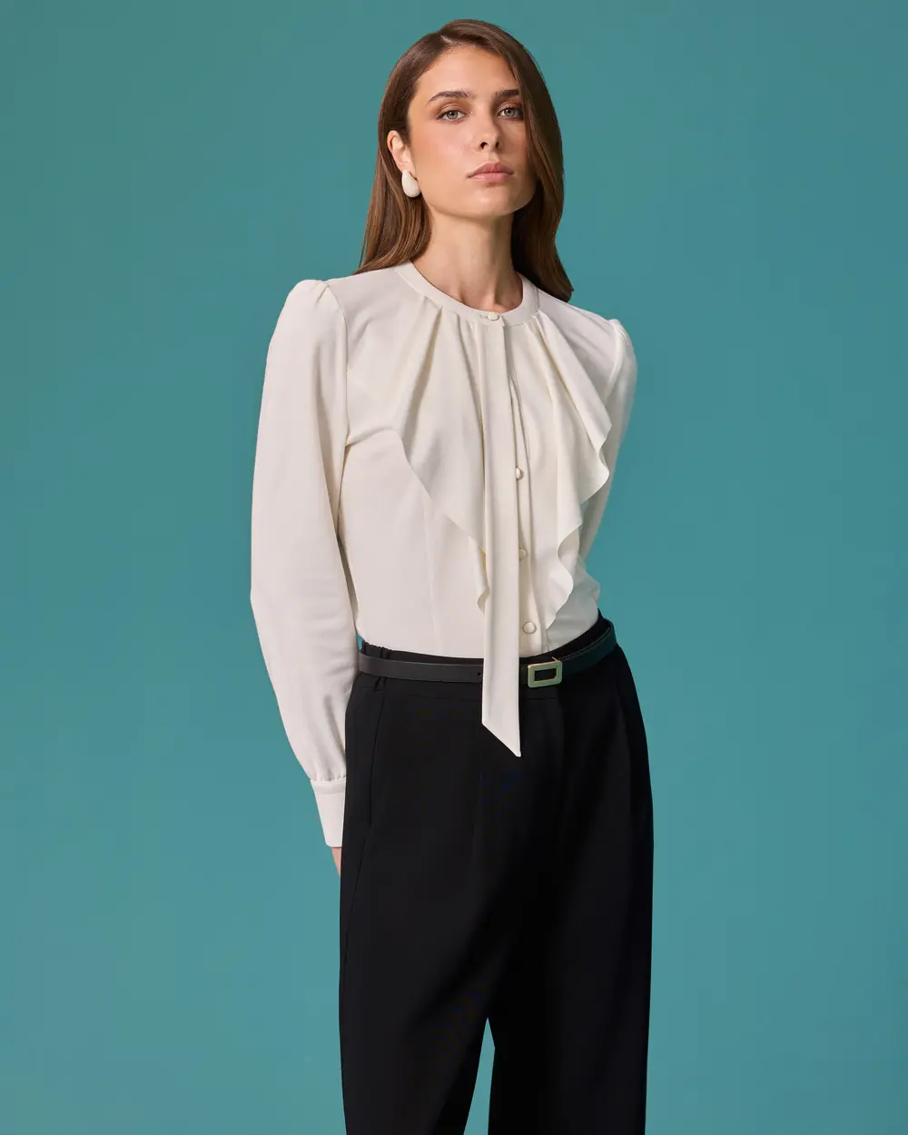 Blouse with a Tie-Neck Collar and Ruffle Details
