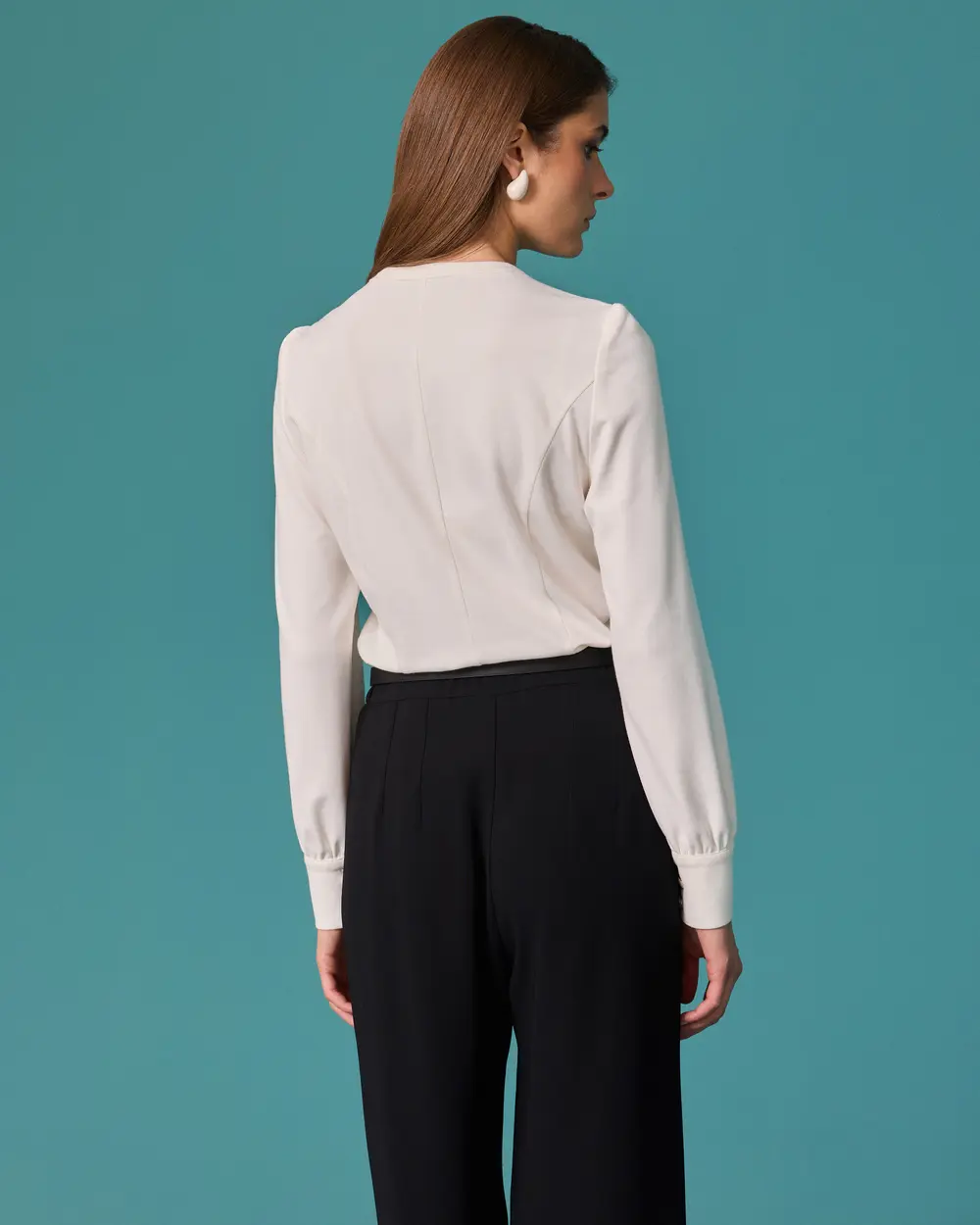 Blouse with a Tie-Neck Collar and Ruffle Details