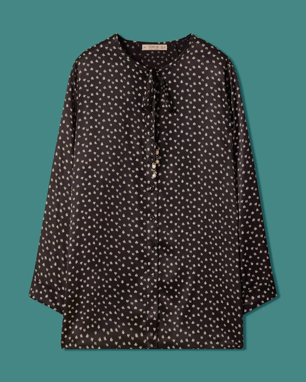 Plus-Size Patterned Shirt with a Lace-Up Collar and Buttons