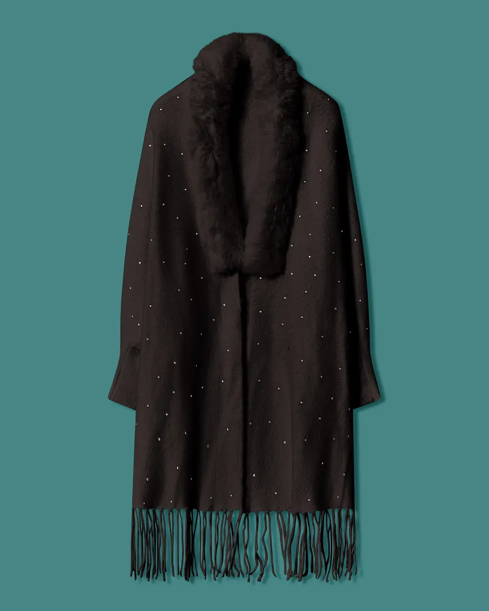 Faux Fur Collar Shawl with Stone Accents and Fringe