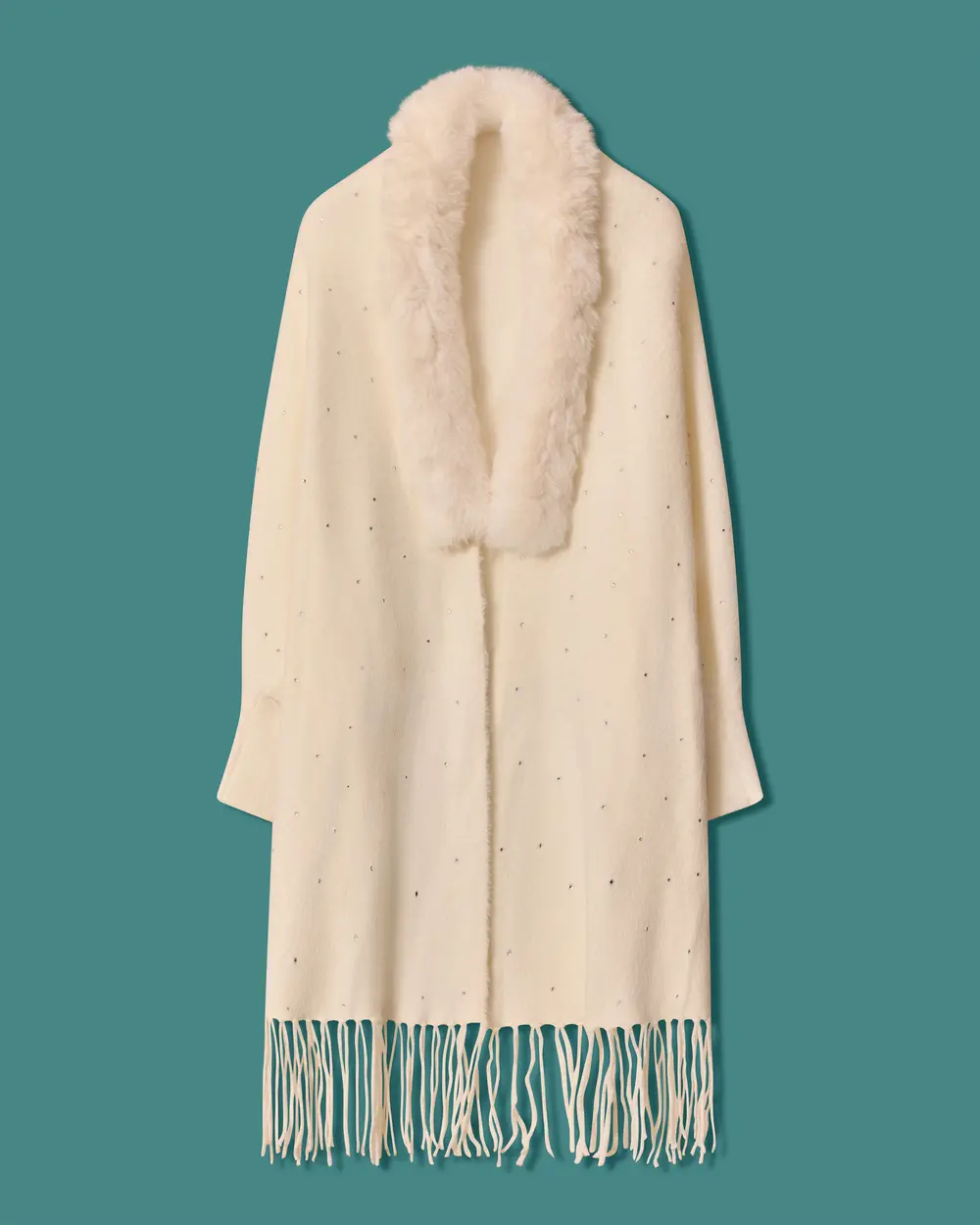 Faux Fur Collar Shawl with Stone Accents and Fringe