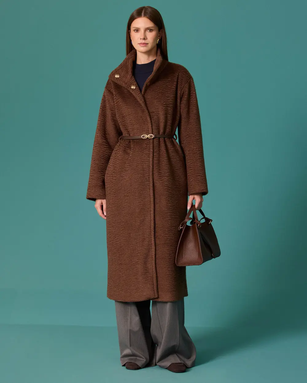 Coat with a Wide Collar and Belt Detail