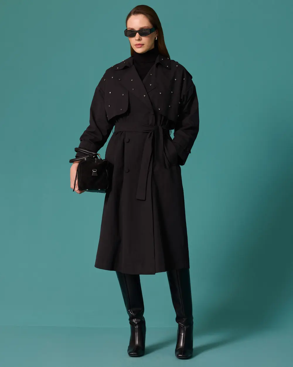 Stone-Detailed Double-Breasted Trench Coat