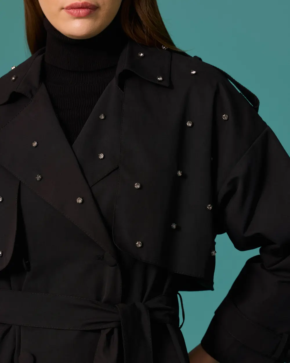 Stone-Detailed Double-Breasted Trench Coat