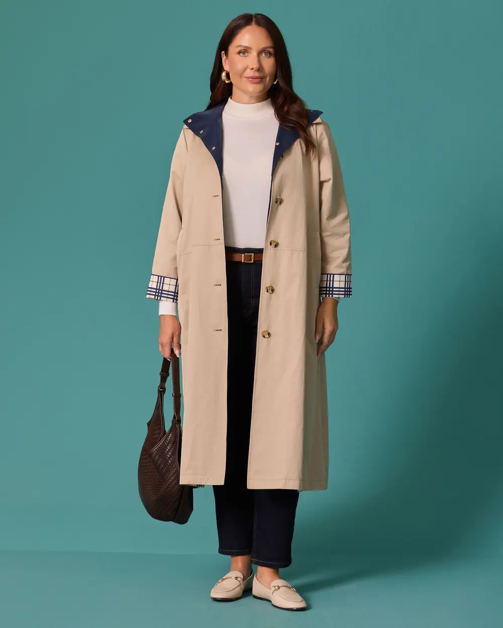 Plus-Size Checkered Lined Hooded Button-Front Trench Coat