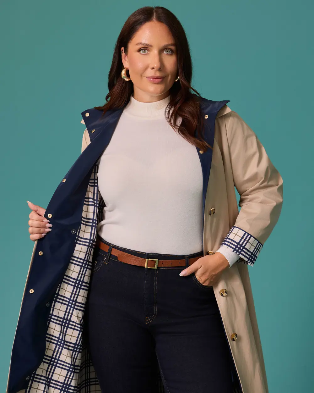 Plus-Size Checkered Lined Hooded Button-Front Trench Coat