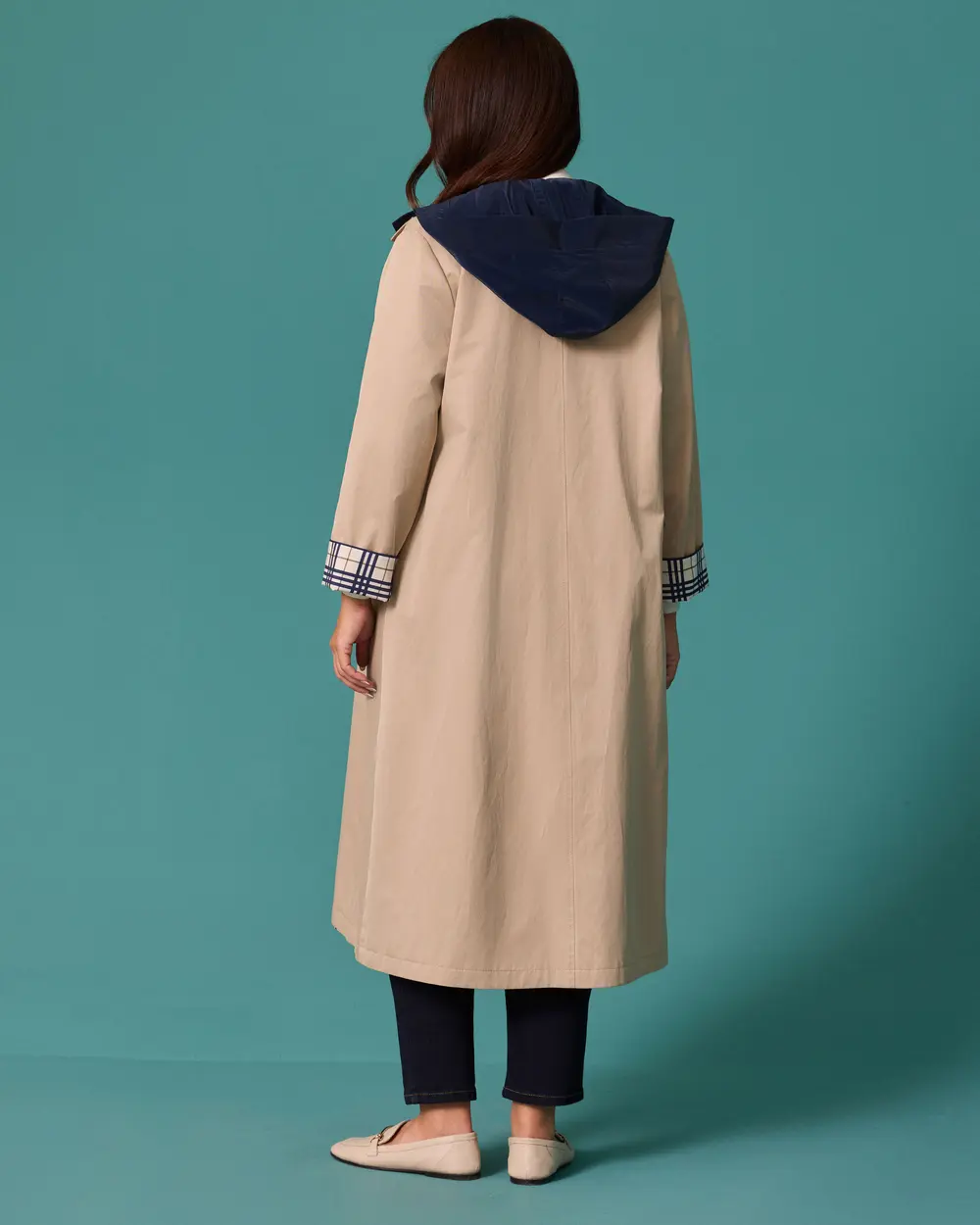 Plus-Size Checkered Lined Hooded Button-Front Trench Coat