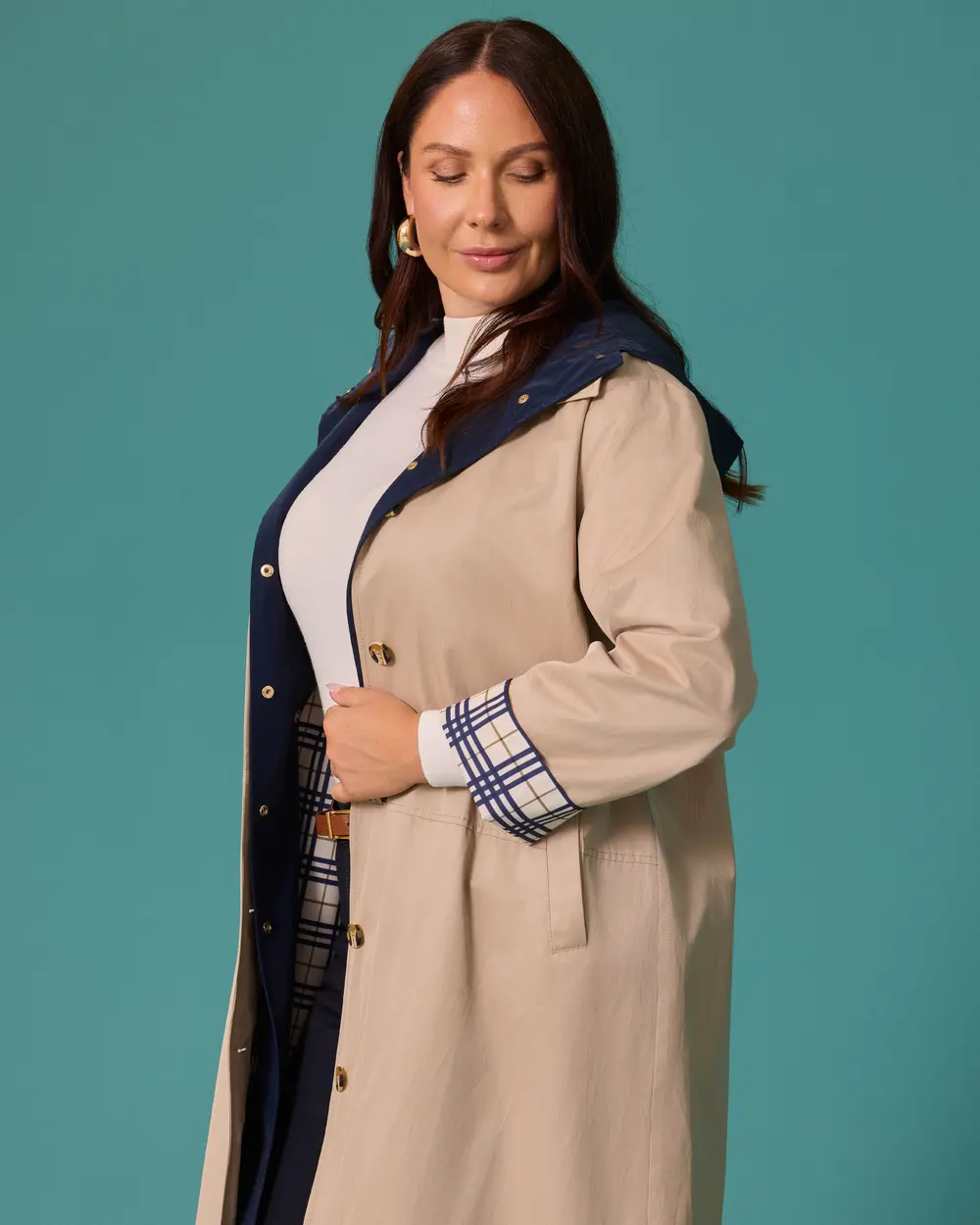 Plus-Size Checkered Lined Hooded Button-Front Trench Coat